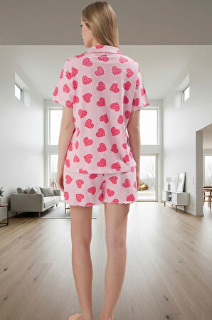 Kadın Kalpli Puantiyeli Kısa Kollu Pamuklu Pijama Takımı Zarif Tasarım Rahat Ve Şık