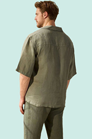 Erkek Keten Oversize Fit Gömlek Apaş Yaka Düz Desen Kısa Kol Yaz Aylarının Vazgeçilmezi Hafta Sonu