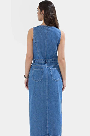Yazlık Denim Midi Elbise Kolsuz Havuz Yaka Pamuk Casual Özenle Seçilmiş Dayanıklı Malzeme