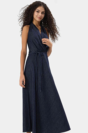 Maxi Denim Elbise Halter Yaka Volanlı Detaylı Rahat Yazlık Premium Kalite Kaliteli İşçilik