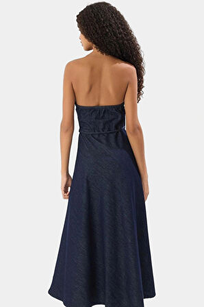 Maxi Denim Elbise Halter Yaka Volanlı Detaylı Rahat Yazlık Premium Kalite Kaliteli İşçilik