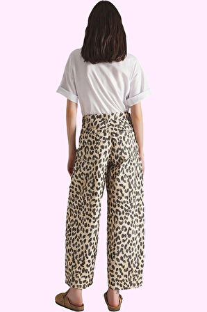 Kadın Geniş Paça Uzun Boy Leopar Desenli Denim Pantolon Pamuk Günlük Stil Kaliteli Malzeme