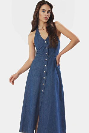 Maxi Denim Elbise Halter Yaka Volanlı Pamuk Günlük Şık Rahat Kullanım Profesyonel Görünüm