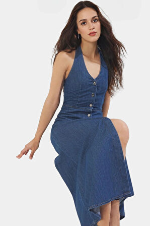 Maxi Denim Elbise Halter Yaka Volanlı Pamuk Günlük Şık Rahat Kullanım Profesyonel Görünüm