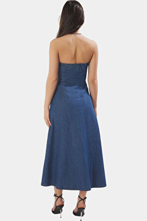 Maxi Denim Elbise Halter Yaka Volanlı Pamuk Günlük Şık Rahat Kullanım Profesyonel Görünüm