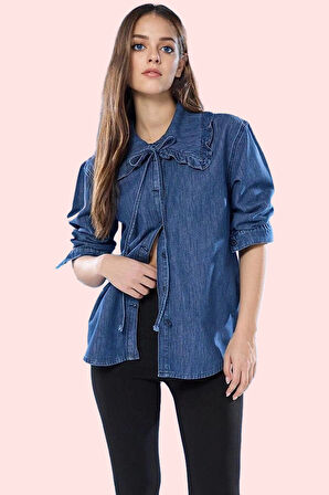 Kadın Denim Gömlek Bebe Yaka Bağlama Detaylı Pamuklu Günlük Kullanım Yaz Aylarının Vazgeçilmezi