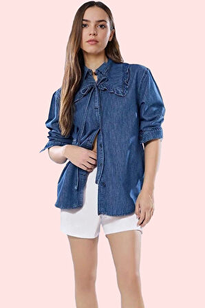 Kadın Denim Gömlek Bebe Yaka Bağlama Detaylı Pamuklu Günlük Kullanım Yaz Aylarının Vazgeçilmezi