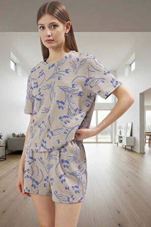 Kadın Waffle Kumaş Çiçek Desenli Pijama Takımı Rahat Yazlık Örme Modern Stil Özel Tasarım