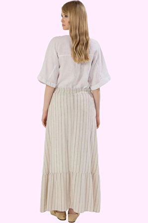 Kadın Maxi Etek Keten Görünümlü Çizgili A line Günlük Şıklık Hafta Sonu Yaz Aylarının Vazgeçilmezi