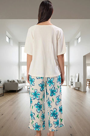 Kadın Çiçekli Pamuklu Kısa Kollu Pijama Takımı Zarif Tasarım Rahat Kullanım