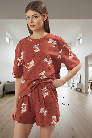 Kadın Ayıcıklı Pamuklu Pijama Takımı Kısa Kollu Regular Kalıp Yazlık Ev Giysisi Şık Görünüm