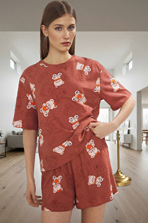 Kadın Ayıcıklı Pamuklu Pijama Takımı Kısa Kollu Regular Kalıp Yazlık Ev Giysisi Şık Görünüm