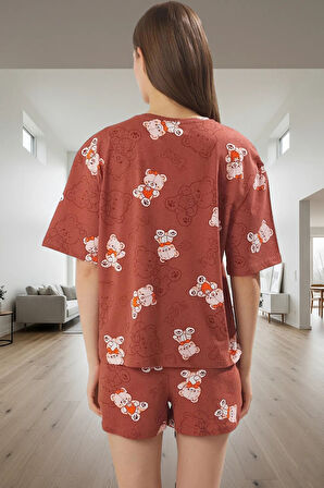 Kadın Ayıcıklı Pamuklu Pijama Takımı Kısa Kollu Regular Kalıp Yazlık Ev Giysisi Şık Görünüm