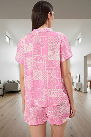 Kadın Yazlık Etnik Desenli Viskon Pijama Takımı Shally Dokuma Rahat Kalıp Dayanıklı Malzeme