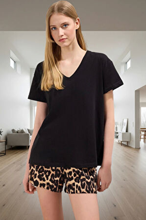 Kadın Leopar Desenli Pamuklu Pijama Takımı Rahat Yazlık Ev Giyim Konforlu Kesim Şık Görünüm