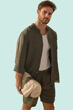 Erkek Oversize Keten Gömlek Hakim Yaka Uzun Kol Basic Günlük Hafta Sonu Yaz Aylarının Vazgeçilmezi