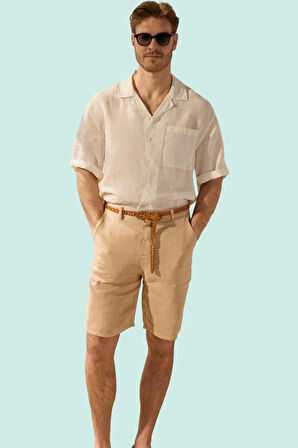 Erkek Keten Karışımlı Düz Desen Kısa Şort Rahat Kalıp Günlük Kombinler Yaz Aylarının Vazgeçilmezi