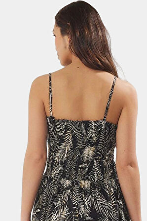 Yazlık Tropikal Desenli Viskoz Midi Elbise Kare Yaka Gipeli Özenle Seçilmiş Profesyonel Görünüm