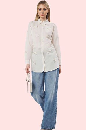 Kadın Fiyonk Detaylı Dokuma Gömlek Rahat Kesim Yaz Aylarının Vazgeçilmezi Günlük Kombinler