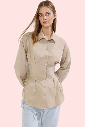 Kadın Uzun Kollu Gömlek Yaka Dokuma Basic Kalıp Terrycotton Kumaş Günlük Kullanım Hafta Sonu