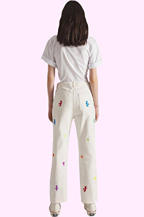 Kadın Yüksek Bel Geniş Paça Denim Pantolon Nakışlı Pamuk Günlük Yaz Aylarının Vazgeçilmezi