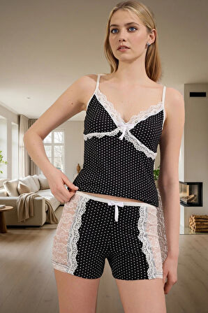 Kadın Puantiyeli Dantelli Pamuklu Pijama Takımı Yazlık Rahat Ev Giyim Konforlu Kesim