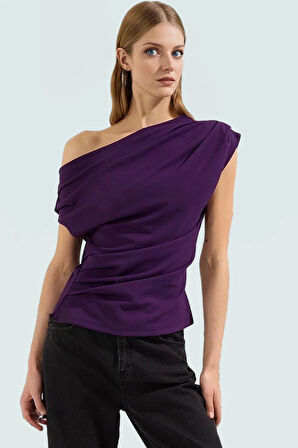 Kadın Asimetrik Yaka Kısa Kollu Örme Bluz Günlük Şık Tarz Rahat Kullanım Zarifane Tasarım