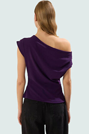 Kadın Asimetrik Yaka Kısa Kollu Örme Bluz Günlük Şık Tarz Rahat Kullanım Zarifane Tasarım