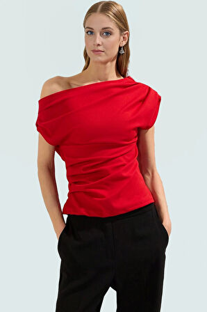 Kadın Asimetrik Yaka Kısa Kollu Örme Bluz Günlük Şık Tarz Rahat Kullanım Zarifane Tasarım