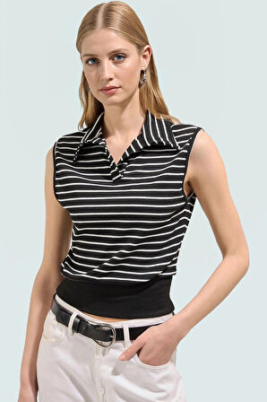 Çizgili Fitted Polo Yaka Yazlık Bluz Rahat Günlük Seçkin Malzeme Premium Kalite