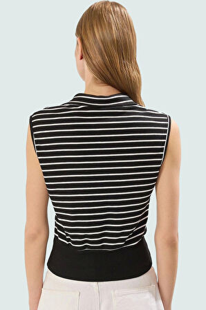 Çizgili Fitted Polo Yaka Yazlık Bluz Rahat Günlük Seçkin Malzeme Premium Kalite