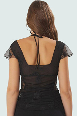 Tül V Yaka Fitted Bluz Esnek Örme Yazlık Günlük Trend Tasarım Mükemmel Uyum Uzun Ömürlü