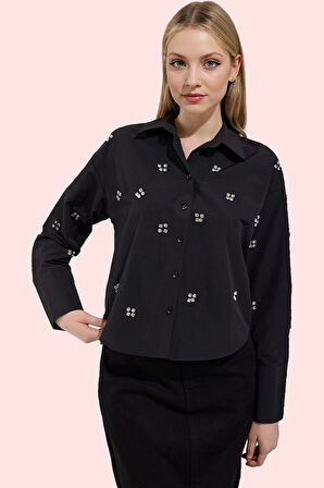 Kadın Oversize Dokuma Gömlek Taş Detaylı Uzun Kollu Günlük Hafta Sonu Yaz Aylarının Vazgeçilmezi