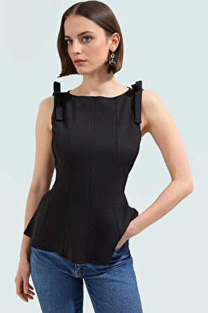 Fitted Peplum Bluz Kolsuz Bisiklet Yaka Örme Yazlık Seçkin Malzeme Yüksek Kalite