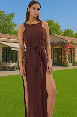 Maxi Örme Yırtmaçlı Plaj Elbisesi Yazlık Rahat V Yaka Şık Görünüm Seçkin Malzeme Mükemmel Uyum