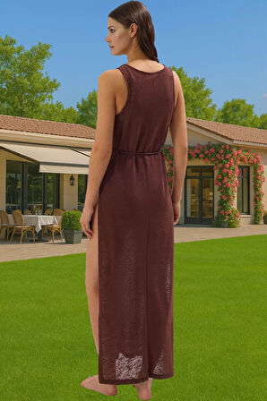 Maxi Örme Yırtmaçlı Plaj Elbisesi Yazlık Rahat V Yaka Şık Görünüm Seçkin Malzeme Mükemmel Uyum