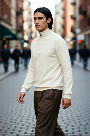 Erkek Regular Kalıp Fermuarlı Dik Yaka Triko Kazak Pamuk Akrilik Karışımı Düz Tasarım Günlük Şıklık