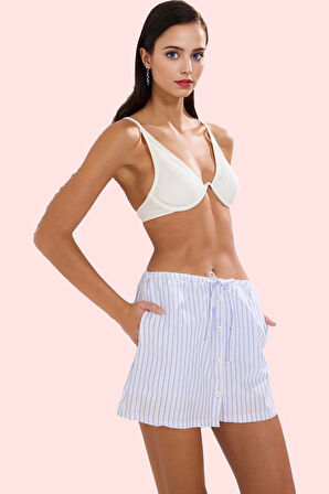 Kadın Çizgili Dokuma Şort Etek Terrycotton Kumaş Yaz Aylarının Vazgeçilmezi Günlük Kullanım