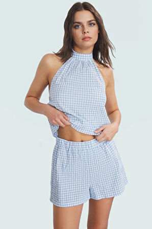 Kadın Ekose Gofre Dokuma Bluz Şort Takım Yazlık Plaj Şık Görünüm Günlük Kullanım İçin