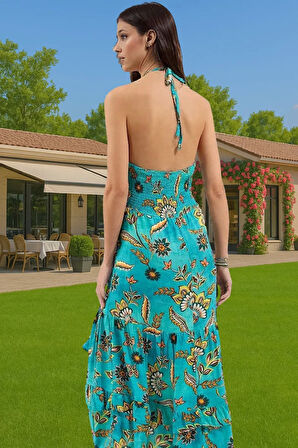 Yazlık Çiçek Desenli Maxi Plaj Elbisesi Viskoz Dokuma Kaliteli İşçilik Rahat Ve Şık Rahat Ve Şık