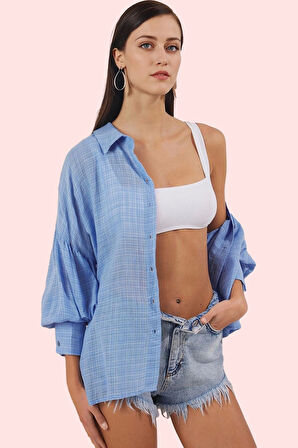 Kadın Uzun Kollu Dik Yaka Düz Desen Dokuma Plaj Gömlek Yaz Aylarının Vazgeçilmezi Günlük Kullanım