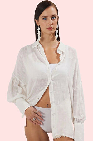 Kadın Uzun Kollu Dik Yaka Düz Desen Dokuma Plaj Gömlek Yaz Aylarının Vazgeçilmezi Günlük Kullanım