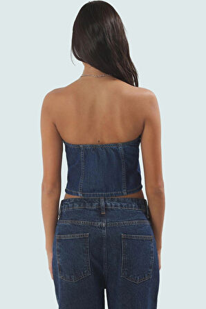 Kadın Denim Halter Yaka Crop Bluz Fitted Kalıp Günlük Yaz Profesyonel Görünüm Kullanım İçin
