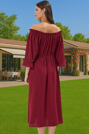 Kadın Omuzdan Düşük Maxi Plaj Elbise Crinkle Dokuma Viskoz Yazlık Rahat Ve Şık Seçkin Malzeme