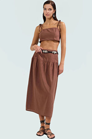 Kadın Pamuklu Crop Bluz Etek Takım Yazlık Plaj Giyim Zarifane Tasarım Profesyonel Görünüm