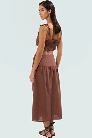 Kadın Pamuklu Crop Bluz Etek Takım Yazlık Plaj Giyim Zarifane Tasarım Profesyonel Görünüm