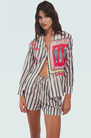 Şık Çizgili Pamuklu V Yaka Plaj Bluz Şort Takım Rahat Yaz Kombinleri İçin Özenle Seçilmiş