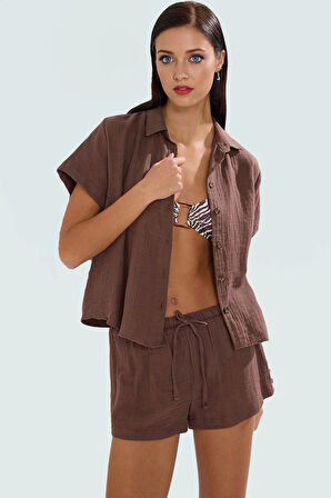 Çizgili Pamuklu Müslin Plaj Gömlek Şort Takım Rahat Yazlık Yüksek Kalite Trend Tasarım