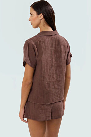 Çizgili Pamuklu Müslin Plaj Gömlek Şort Takım Rahat Yazlık Yüksek Kalite Trend Tasarım