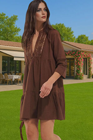 Yazlık Kadın Mini Plaj Elbisesi V Yaka Dantel Detaylı Pamuklu Profesyonel Görünüm Rahat Kullanım